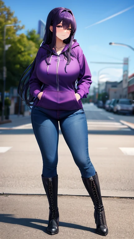 (Yuri wearing a ((purple zip up hoodie)), (blue jeans), and purple knee high lace up boots with round toes), Large breasts, thick thighs, cute, full body image, back view, long hair, purple eyes, quality images, ((high quality faces)), bedroom, standing, shy, cute women pose, blushing and embarrassed 