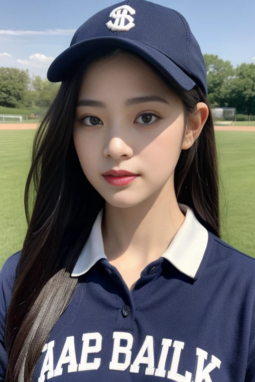 One girl、top-quality、masterpiece、超A high resolution、(Photorealsitic:1.4)、There is a woman wearing a baseball cap、wearing a dark blue polo shirt、baseball field