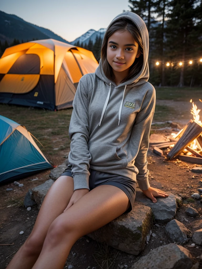 a 15 years old teen girl, short light brown messy hair, Fair skin, green eyes, freckles, instagram model, a beautiful teen camping in the mountains sitting on the ground near a camp fire, ((Wearing a grey hoodie, wearing a very thight white lycra shorts)), hiking clothes, Hiking Shoes, outdoor, Slim Fitness Body, thin face, small breasts, 15 years old teen, One tent in the background, sitting near a camp fire, slender fit body, narrow waists, small breasts, lean teen, skinny legs, Cold Weather, Smirking, Happy Girl, slim girl, teen, Clean Shot, There is only one tent in the photo, Nikon Z8 + NIKKOR Z 24-120 mm f/4 S, (night time, dim lighting, dark, night:1.2)