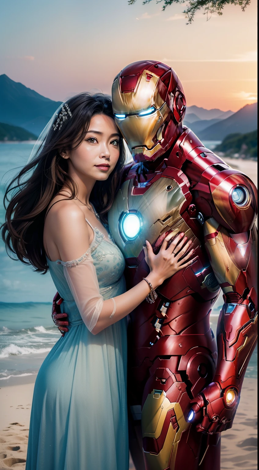 ((("Photorealistic iron man and Wife on Vacation")))
Subject: A captivating photorealistic photograph capturing iron man and his wife enjoying a vacation together in a picturesque setting.
Type of Image: Photorealistic photograph.
Art Styles: Realism, Romantic.
Art Inspirations: iron man iconic appearance and the joy of vacation.
Characters: iron man and his wife depicted in a relaxed and intimate vacation moment.
Background: A stunning vacation spot, such as a serene beach, scenic mountain landscape, or vibrant city square, creating a sense of romance and escapism.
Camera: Medium shot.
Pose: Natural and affectionate pose that highlights their bond and the beauty of the vacation spot.
Lighting: Soft and warm lighting, enhancing the romantic ambiance of the scene.
Resolution: High-resolution, capturing intricate details of the characters and the vacation backdrop.

Camera Lens: 50mm.
View: Medium shot.