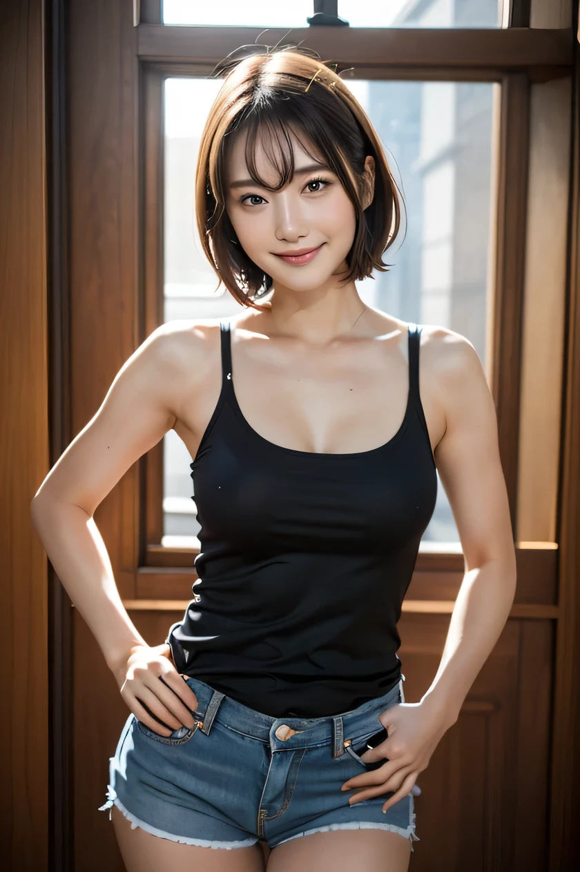 The beauty of 8K raw photos:2.0, short hair,15 years old, great face and dark eyes, stare at the camera, upward glance, big smile:1.6, show teeth, Put your hands on your hips, dynamic pose, （Red tank top、denim shorts:1.2)、 realistic:1.9, very detailed CG 統合 8k 壁紙, very detailed, High resolution RAW color photos, cowboy shot, professional photos, Taken on the lawn, girl sexy portrait