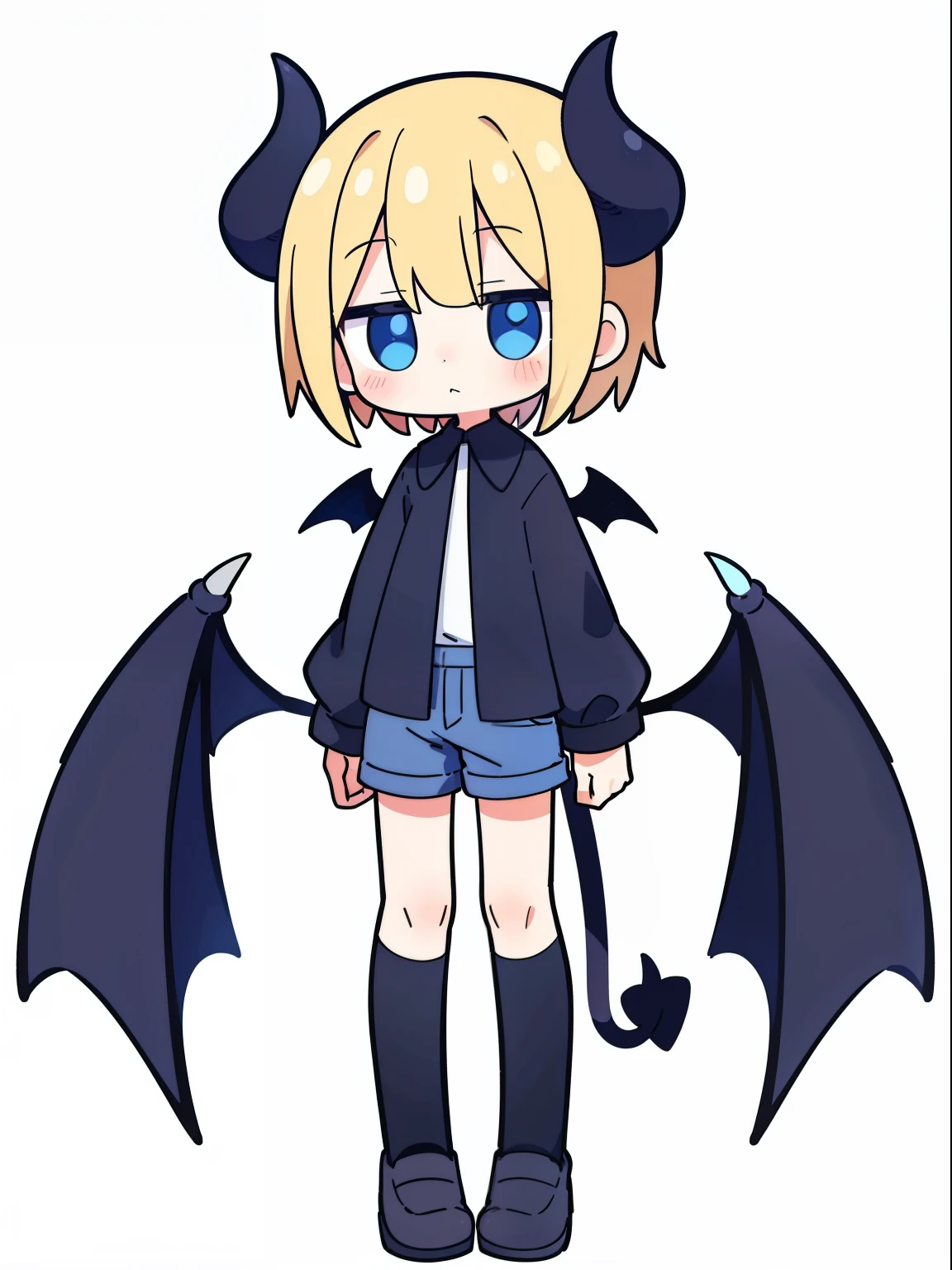 1 boy, cute, kawaii, (blush), expressionless, thigh, simple background, (white background), full body,blonde blue-eyed,fringe cut,demon,short hair,demon wings,demon tail,demon horns,full-body standing drawing of a character,shorts for boys