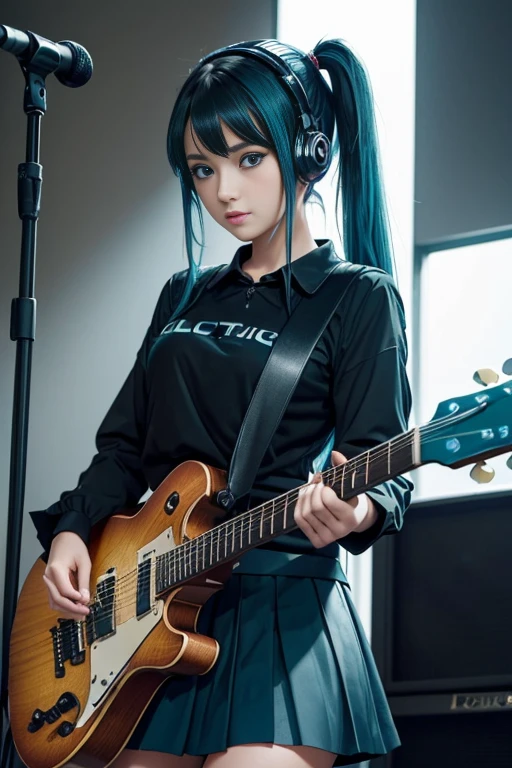 ((masterpiece, best quality))1girl, solo, black dress, blue eyes, electric guitar, guitar, headphones, double ponytail, holding, holding plectrum, instrument, long hair, music, one side up, teal hair, twin tails, playing guiter, pleated skirt, black shirt, interior