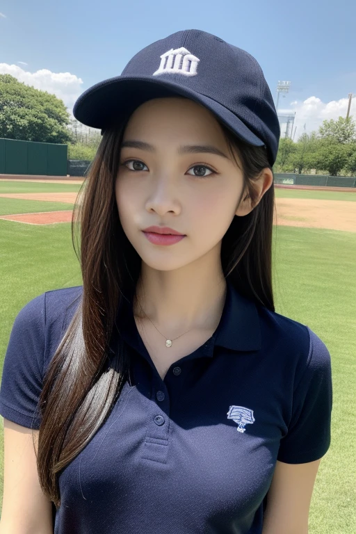 One girl、top-quality、​masterpiece、超A high resolution、(Photorealsitic:1.4)、There is a woman wearing a baseball cap、wearing a dark blue polo shirt、baseball field