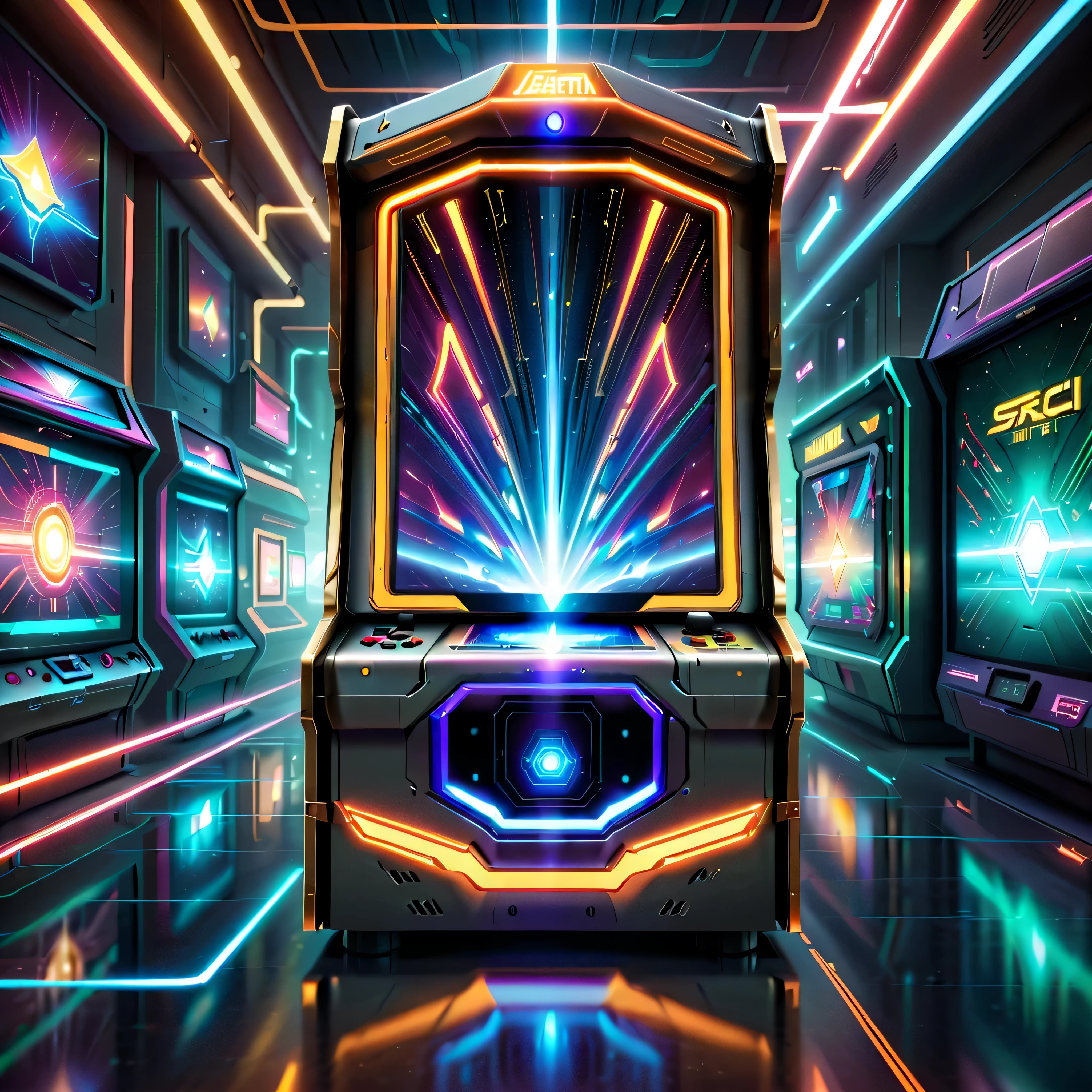 (Best quality, 8K, A high resolution, tmasterpiece:1.2), (Ultra-detailed), (Futuristic arcade game consoles produced by Cybertron Technologies: 1.5),High-end Slot game consoles,dreamy glow,luminous neon lights,High-tech mechanical parts, Made of titanium alloy metal, Electric yellow and bright orange, Vivid glowing screen, Reflective metal surface, Dynamic and stylish design, motion blur effect, meticulous craftsmanship, Sci-fi atmosphere, Streamlined aerodynamic shape, Laser scanning pattern, holographic projections, Light-emitting circuit lines, hauntingly beautiful, Otherworldly precision, Advanced sensors, Complex algorithms, Ominous and mysterious atmosphere, electric sparks, Shiny chrome plating,Solo,concept-art, Fantasy theme, Global illumination, Reflection, hyper HD,The light is bright,RGB colors,vibrant with colors
