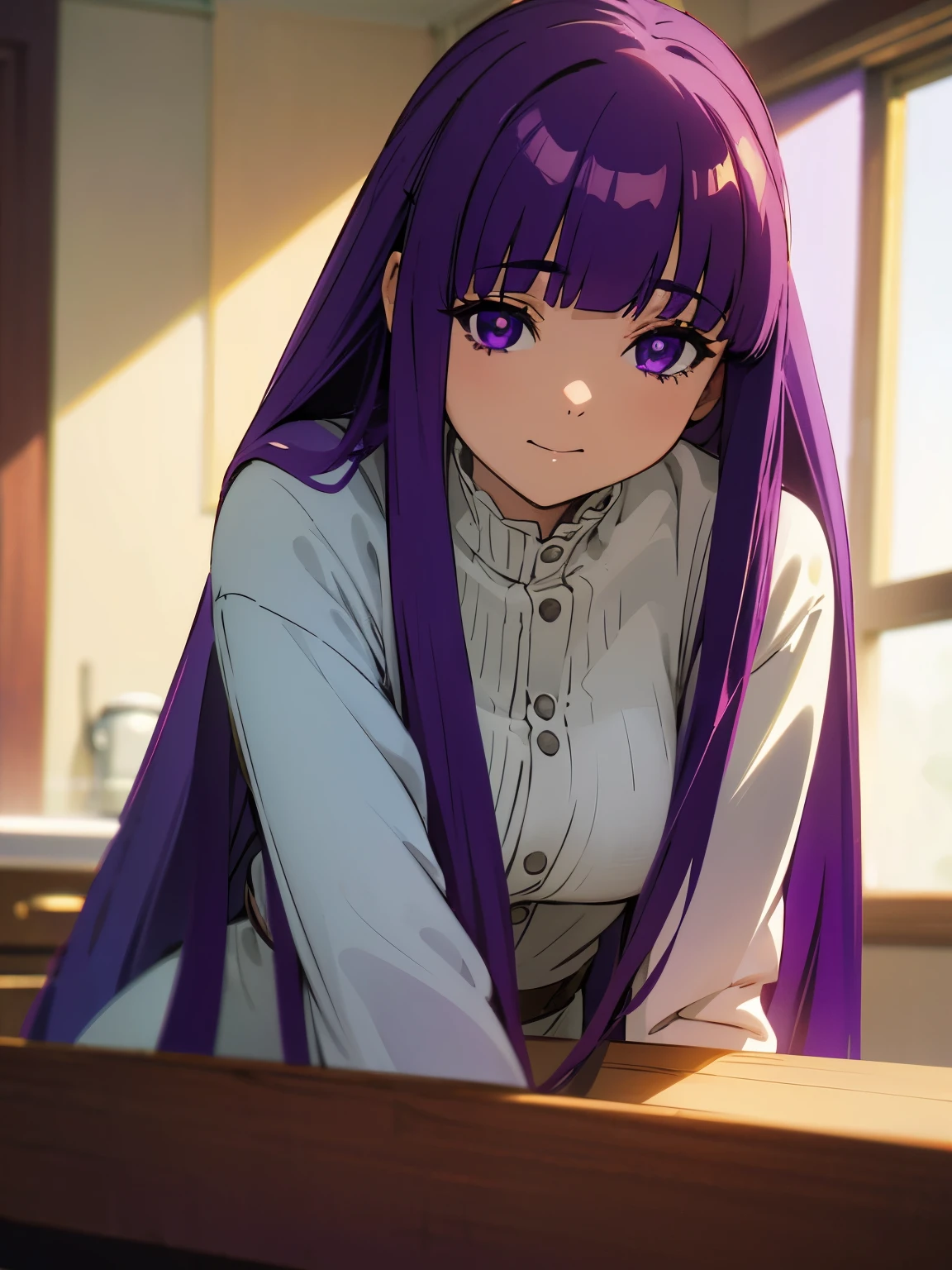 1girl, fern from frieren, long purple hair, purple eyes, wearing white, indoor background, kitchen background, sunlight comes from window, vibrance, daily activites pose, highres, ultrahd, 4k, masterpiece, cheerful atmosphere,