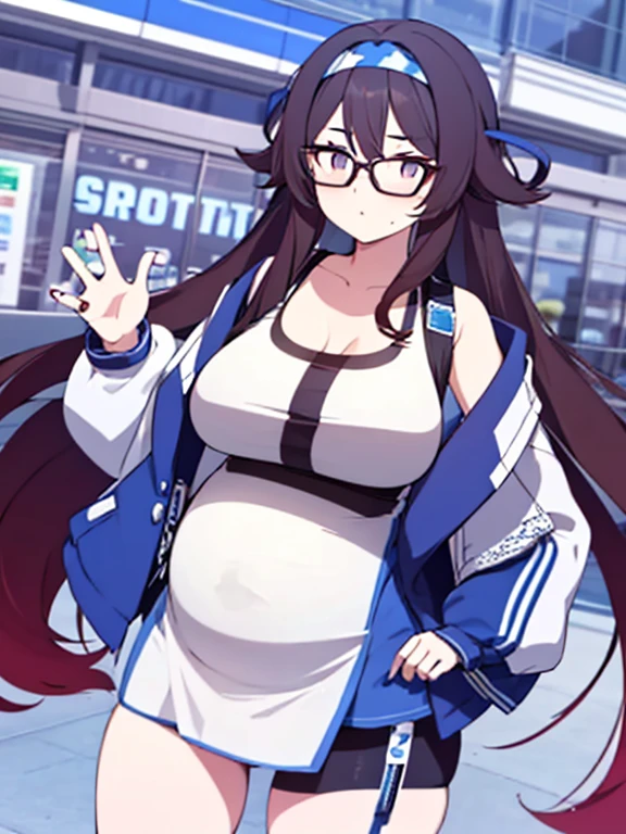 (Very high quality, detailed) A full body image of a pregnant girl wearing a sports bra, very thight shorts and glasses, she's standing barefoot and has very big breasts, long hair and a pretty thick body. She has her hands on her belly and her belly is uncovered