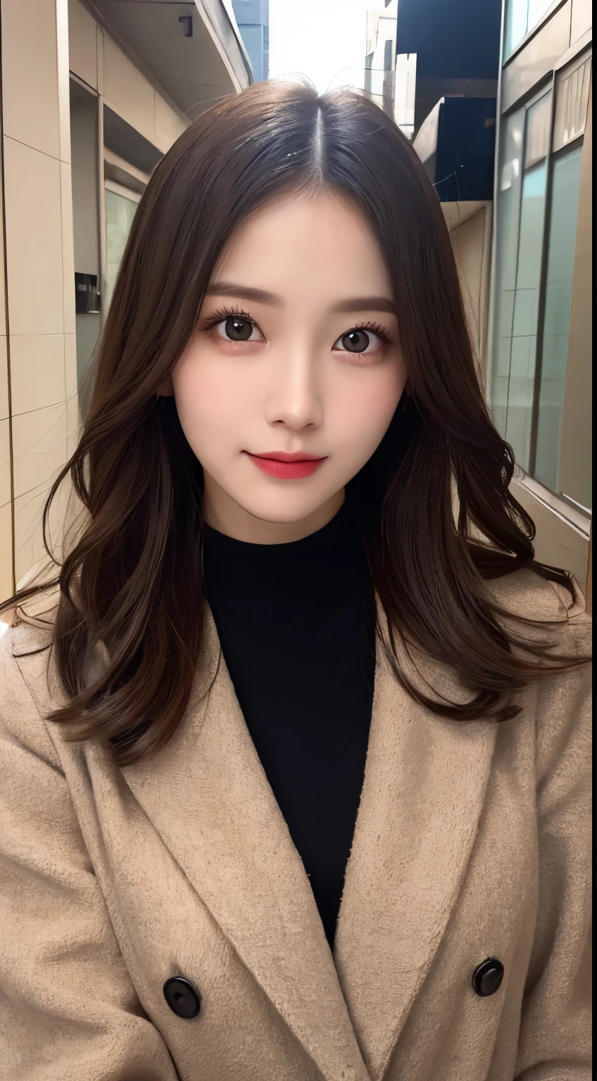 table top, highest quality, shape, Super detailed, finely, High resolution, 8k wallpaper, 完璧なダイナミックな構shape, beautiful and detailed eyes, Gorgeous and stylish black fluffy latest trend Tokyo winter clothes,ランダムなcute髪,small breasts,natural color lip, bold sexy pose,smile、20 year old girl、cute、sexy shot looking at camera,Always blur the background,perfect and beautiful face,Take only the face,beautiful and detailed face、slim face and style,Big eyes、Do gal makeup,real photos、luxury brand mink coat