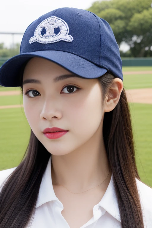 One girl、top-quality、​masterpiece、超A high resolution、(Photorealsitic:1.4)、There is a woman wearing a baseball cap、wearing a white and light redpolo shirt、baseball field