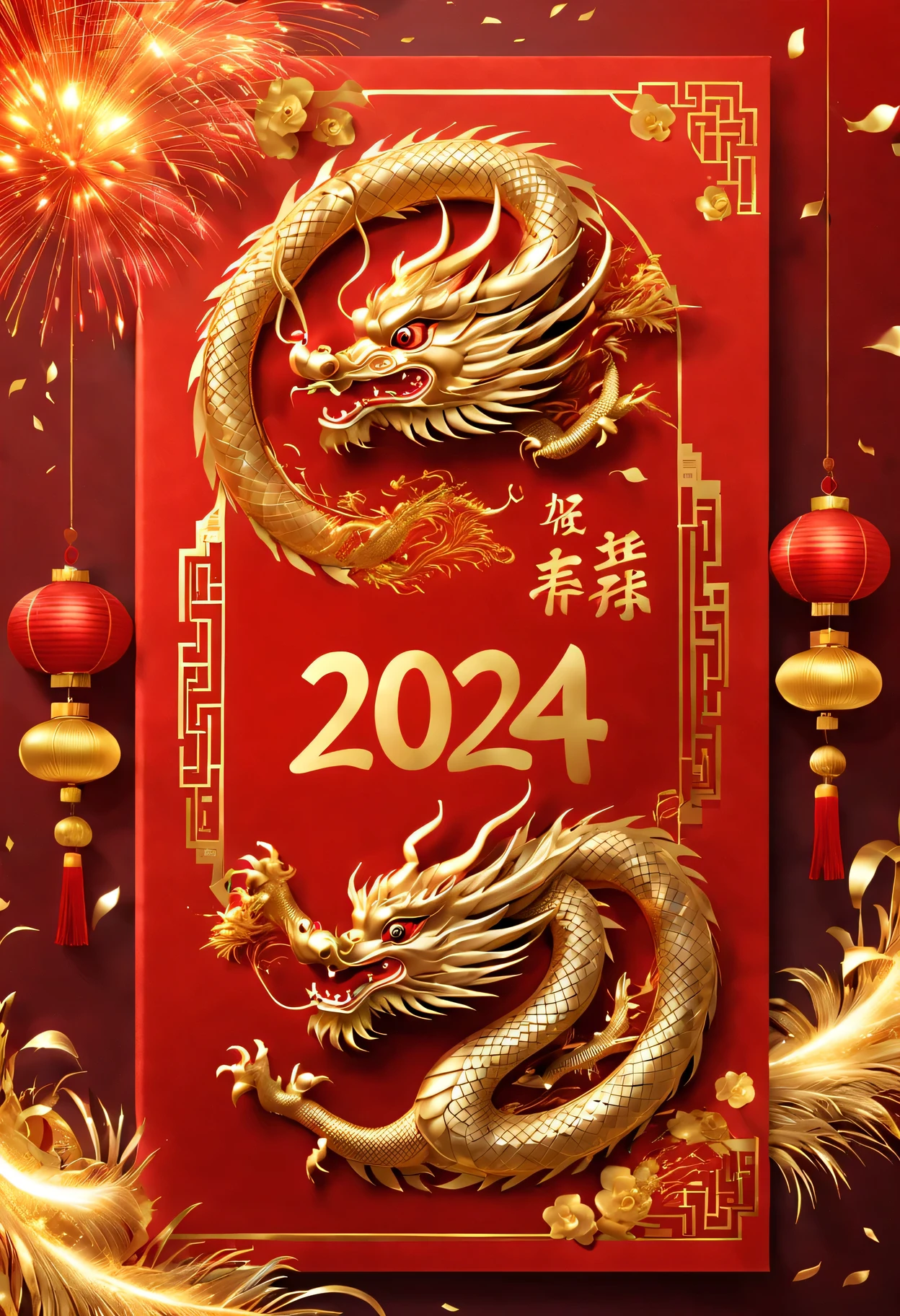 Red envelopes,封面有一条金色的中国dragon和文字"New Year 2024”(Boutiques,4K,masterpiece:1.2),Super fine,human development report,bright colors,Shiny and vibrant,festive atmosphere,Chinese traditional elements background,Intricate decorative borders on envelopes,dragon'Her eyes sparkle with magic and hope,Fireworks twinkling in the night sky。