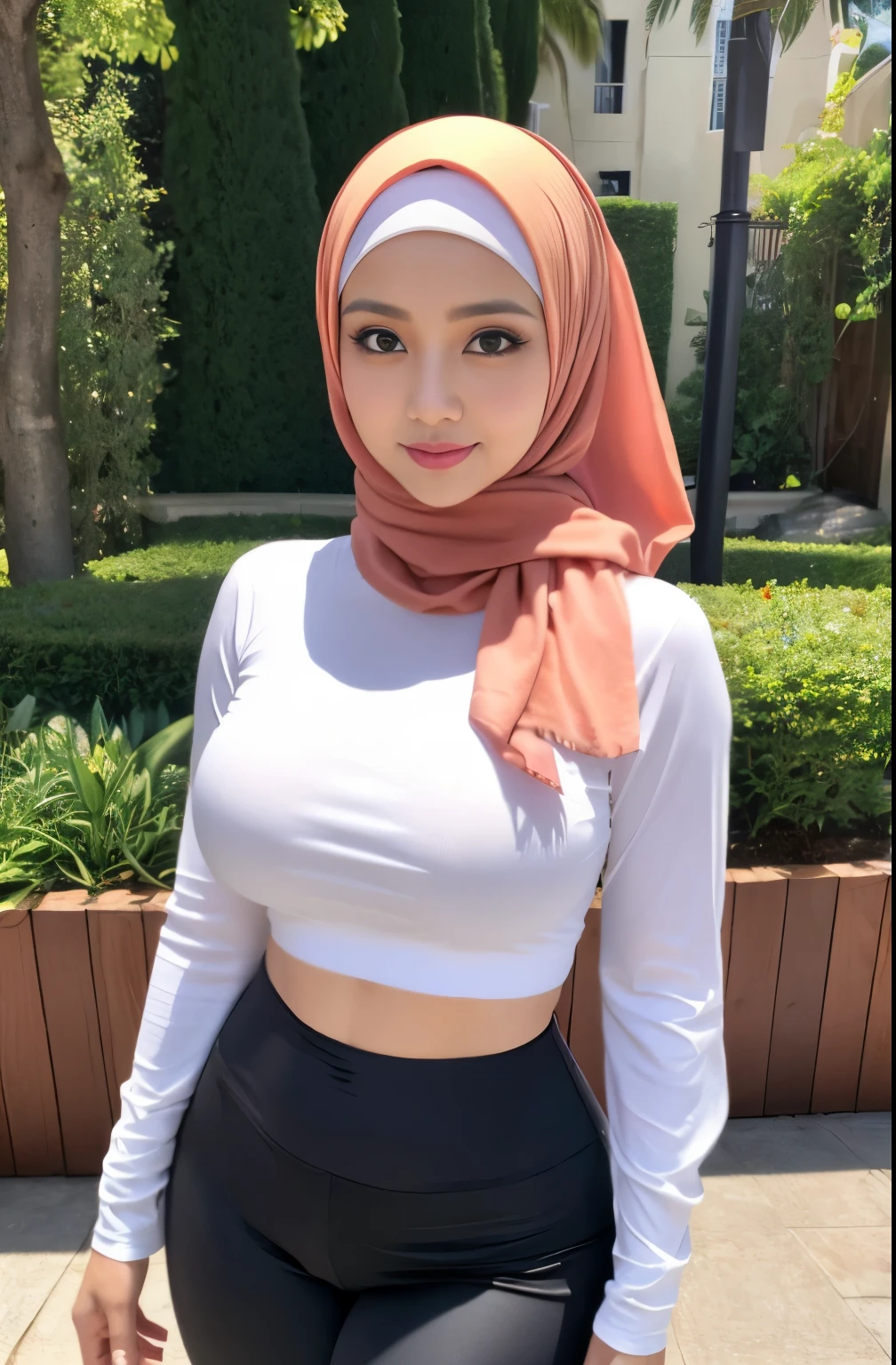 RAW, Best quality, high resolution, masterpiece: 1.3), beautiful Malay woman in hijab,Masterpiece, perfect slim fit body, (big breasts), big gorgeous eyes, Soft smile, wear a tight shirt & tight leggings, necklace, shairband, afternoon walk, City garden, Excellent lighting, Bright colors, Clean lines