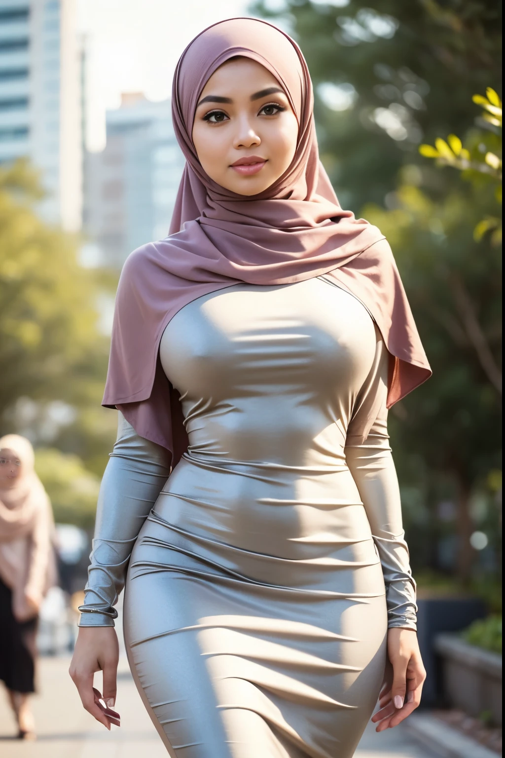 RAW, Best quality, high resolution, masterpiece: 1.3), beautiful Malay woman in hijab,wearing pencil dress, perfect slim fit body, (big breasts), big gorgeous eyes, Soft smile, shairband, afternoon walk, City garden,((bokeh)),Excellent lighting, Bright colors, Clean lines, ((bokeh))
