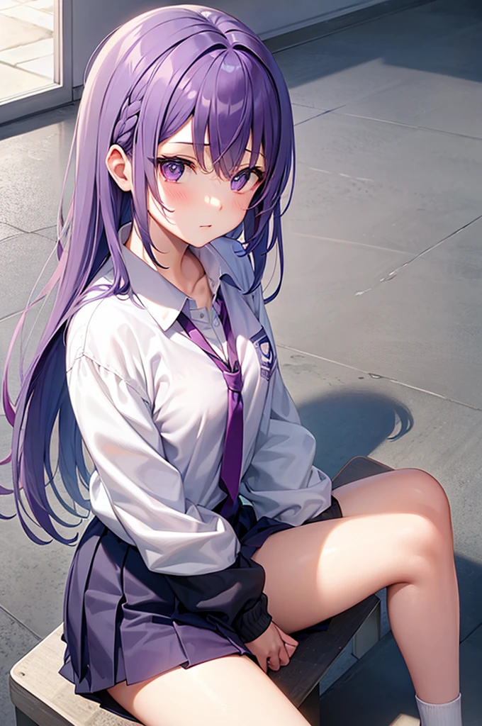 Student Girl、shortcut、Light purple hair、physical education sitting、