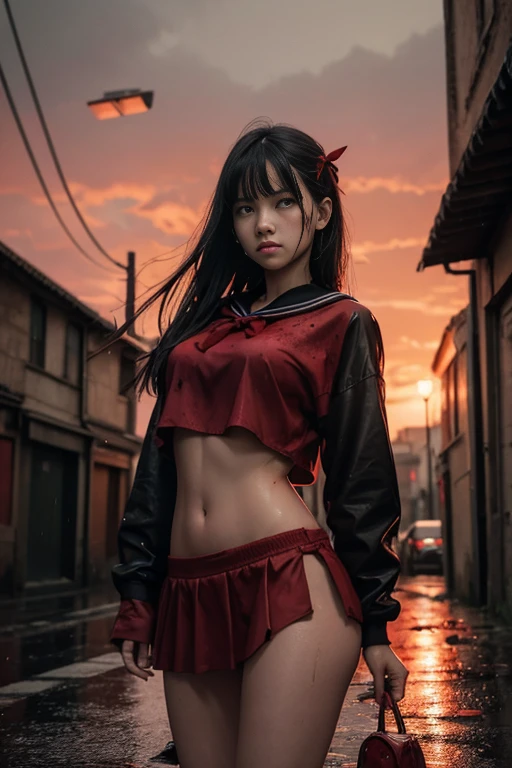 masterpiece, best quality, looking at viewer, facing viewer, bare legs, 1girl, solo, upper body, bow, serafuku, disgusted face, night time, heavy rain, outdoors, city, crop top, navel, wet clothes, drenched, overly long sleeves, hands in sleeves, blood tears, blood marks, dark alleyway, blood splattered on the ground, red bright light, glowing eyes, depth of field,holding a knife,red sky, atmofer,perfect hands