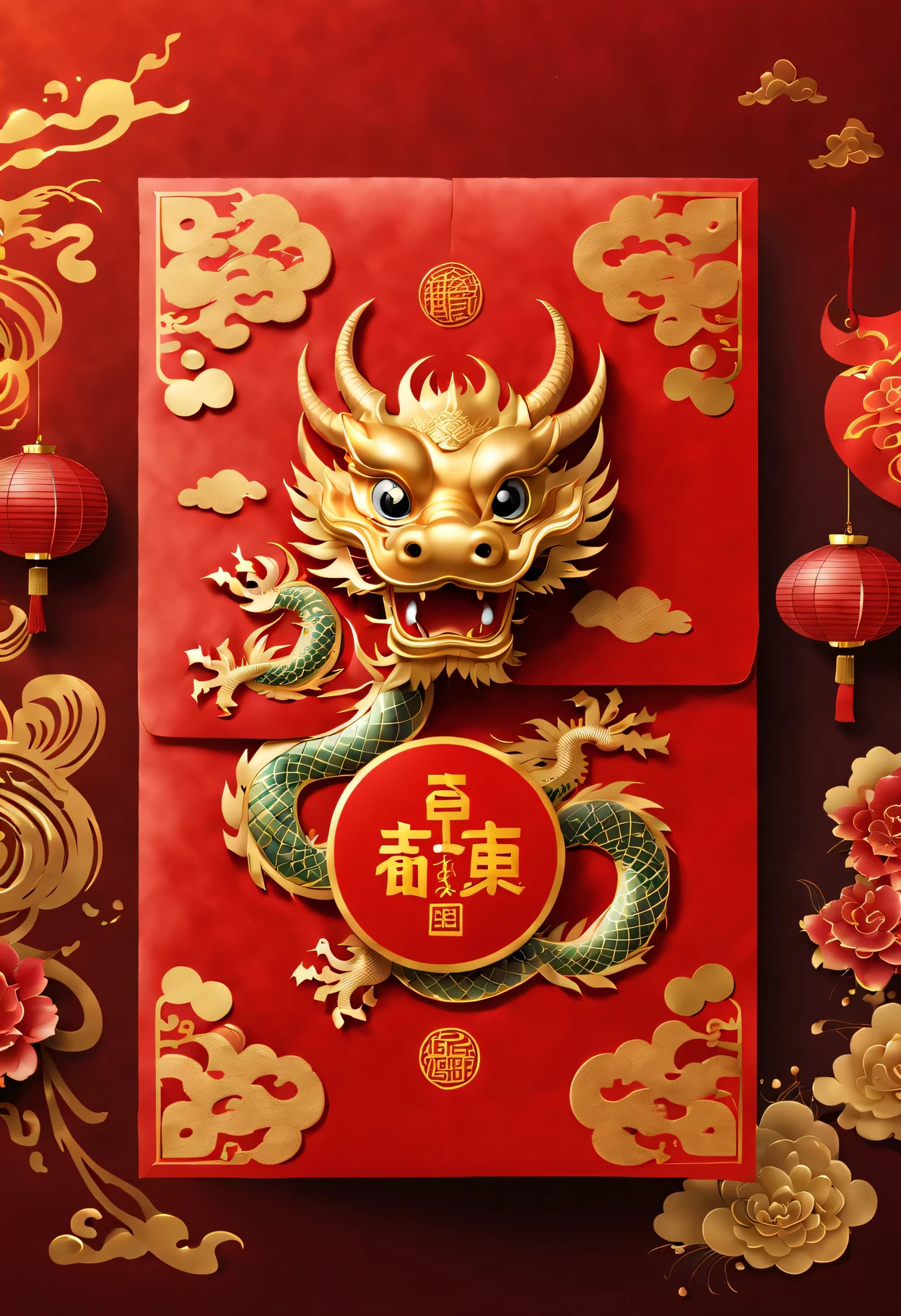 A Red envelopes with the cover reading "new year 2024"And a golden cartoon Chinese dragon,(best quality, high resolution, actual:1.37), Red envelopes, golden letters, beautiful calligraphy, Chinese traditions, hope, meteor, Chinese painting style, Exquisite details, complex patterns, auspicious symbols, bright colors, Auspicious red, Textured paper, Good luck, festive atmosphere, Tassel decoration, cultural heritage, joyful celebration, Traditional festivals, Cultural symbols, Handwritten characters,Intricate decorative borders on envelopes, 龙的眼睛闪烁着魔法和hope, and sparkling fireworks in the night sky.