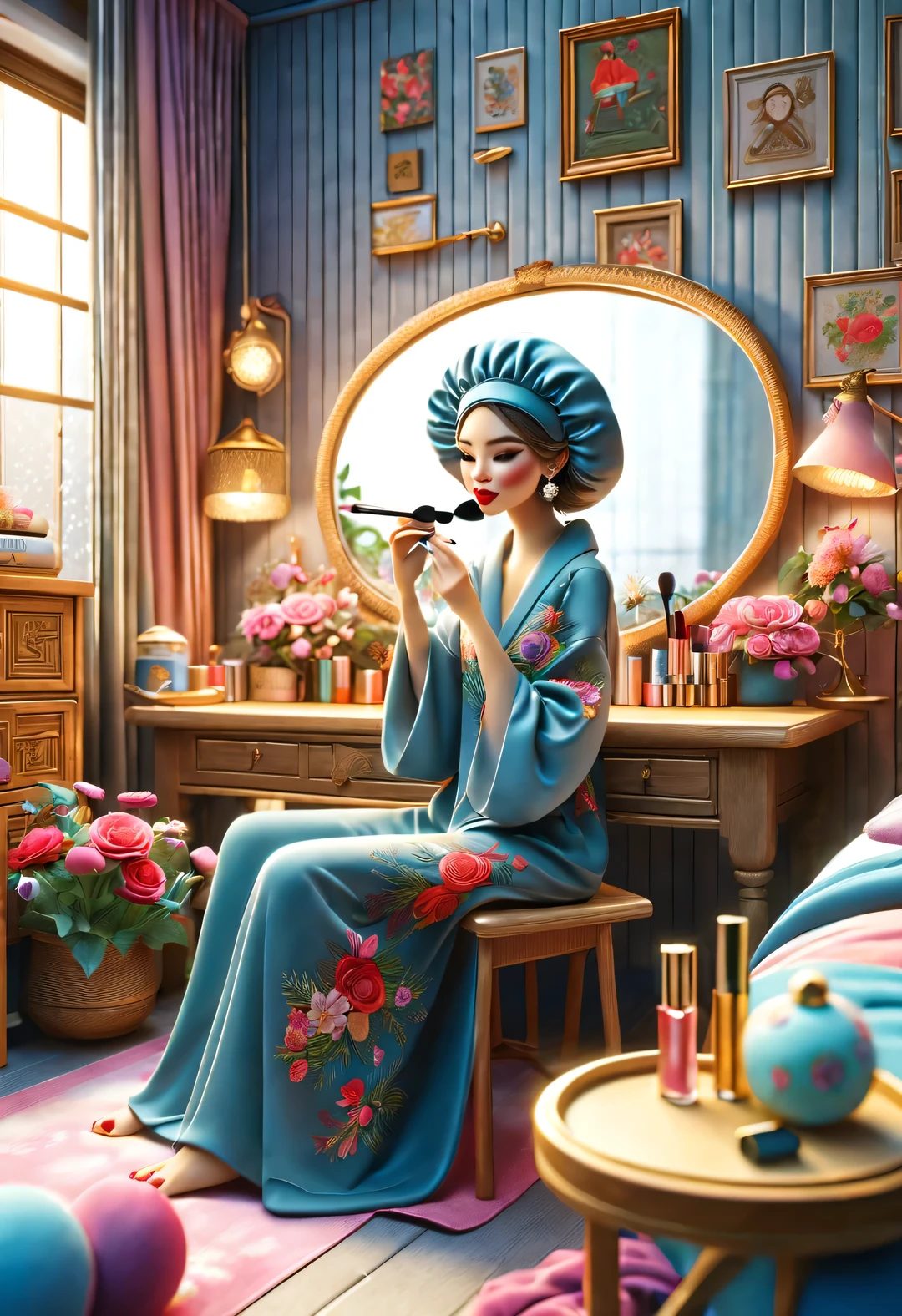 With folk art style,
 （一支可爱的女猫咪Sit at the dressing table and put on makeup），Sit at the dressing table and put on makeup）。put on nightcap，Wearing hip-hop style pajamas，Wearing an exaggerated nightcap，detailed details，beautiful details，lipstick，Makeup Pen，perfume，flowers，Magazine，
background：Bedroom 3D rendering， cartoon，illustration，Pixar，cartoon，ultra high definition， high quality，32k，