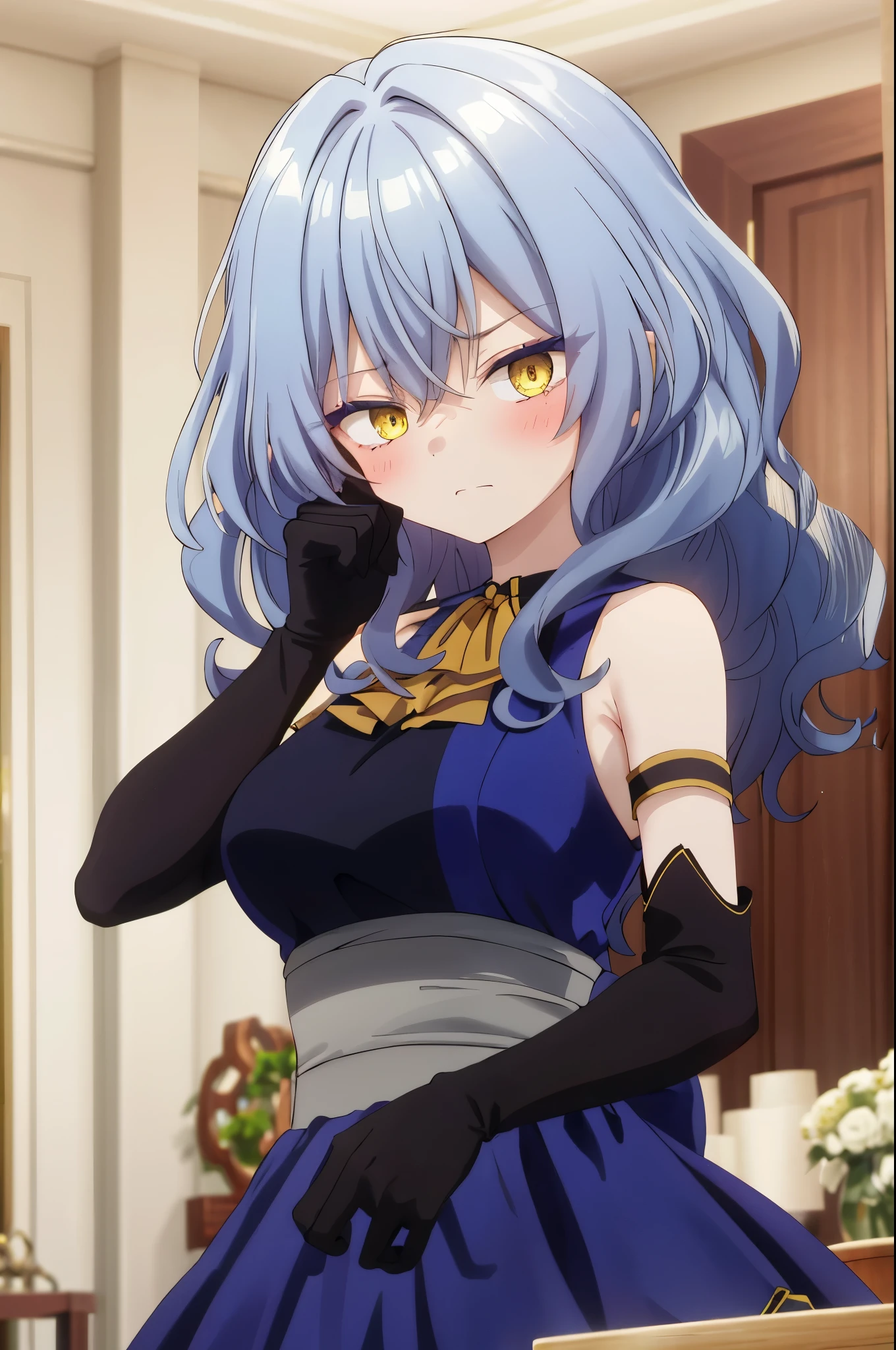 One girl with wavy hair, bangs, yellow eyes, looking at viewer, blushing, embarrassed, serious expression, indoor, living room, blue dress, sleeveless, black gloves, bowtie, mid-chest, day atmosphere, hair ornament, medium breasts,  focus, blurry background, mature female, upper body