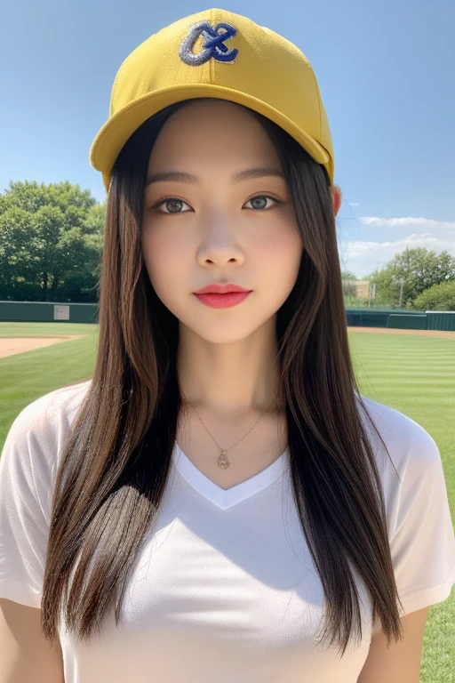 One girl、top-quality、masterpiece、超A high resolution、(Photorealsitic:1.4)、There is a woman wearing a baseball cap、wearing a white and light yellow 🎵🎵 shirt、baseball field