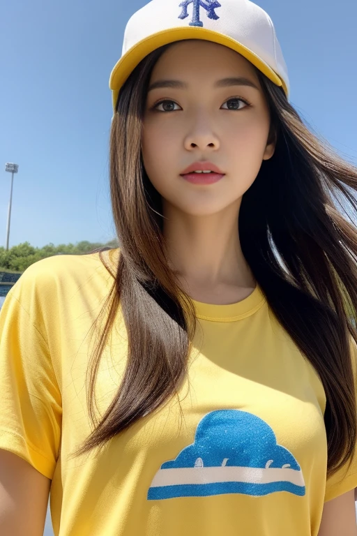 One girl、top-quality、​masterpiece、超A high resolution、(Photorealsitic:1.4)、There is a woman wearing a baseball cap、wearing a white and light yellow 🎵🎵  shirt、baseball field