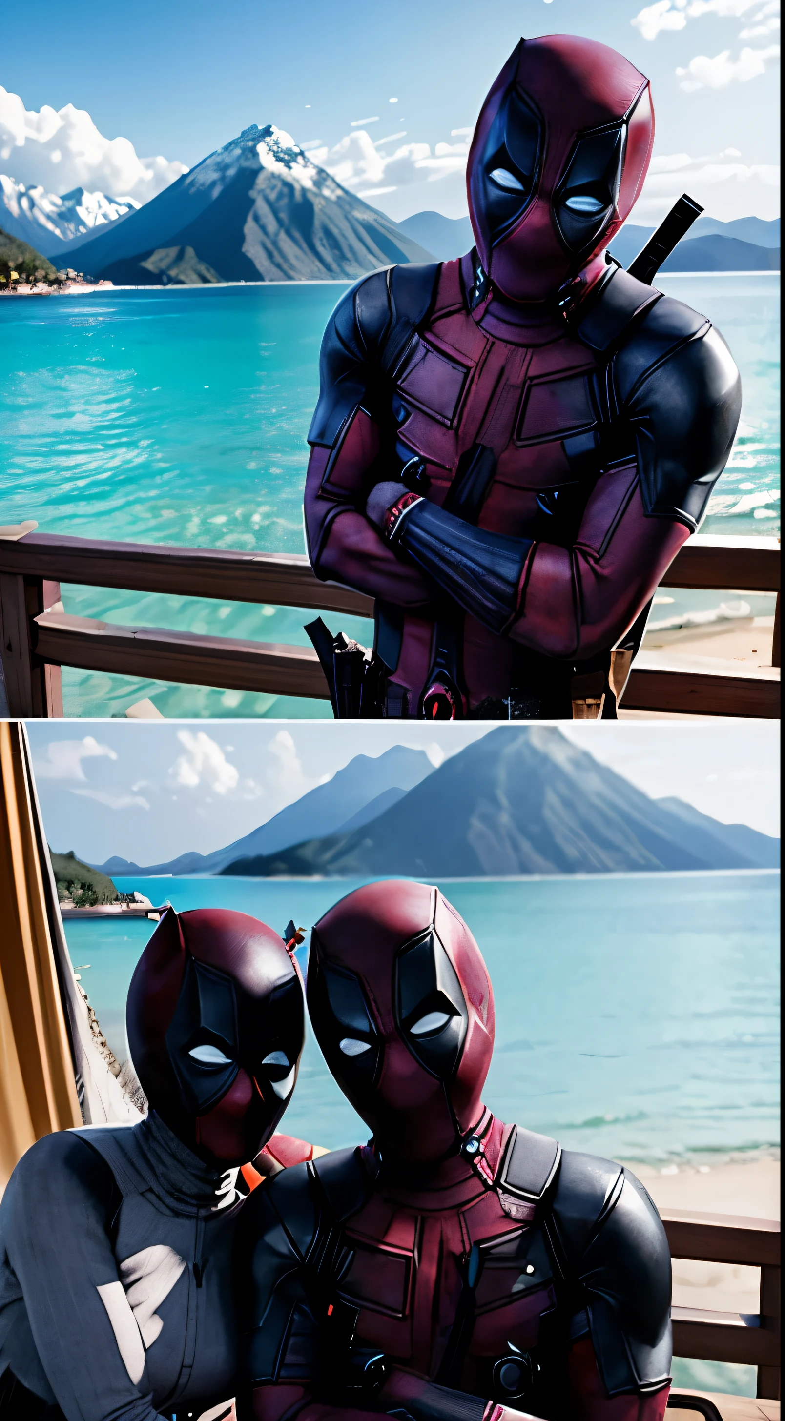 ((("Photorealistic deadpool and Wife on Vacation")))
Subject: A captivating photorealistic photograph capturing deadpol and his wife enjoying a vacation together in a picturesque setting.
Type of Image: Photorealistic photograph.
Art Styles: Realism, Romantic.
Art Inspirations: deadpool iconic appearance and the joy of vacation.
Characters: Deadpool and his wife depicted in a relaxed and intimate vacation moment.
Background: A stunning vacation spot, such as a serene beach, scenic mountain landscape, or vibrant city square, creating a sense of romance and escapism.
Camera: Medium shot.
Pose: Natural and affectionate pose that highlights their bond and the beauty of the vacation spot.
Lighting: Soft and warm lighting, enhancing the romantic ambiance of the scene.
Resolution: High-resolution, capturing intricate details of the characters and the vacation backdrop.

Camera Lens: 50mm.
View: Medium shot.