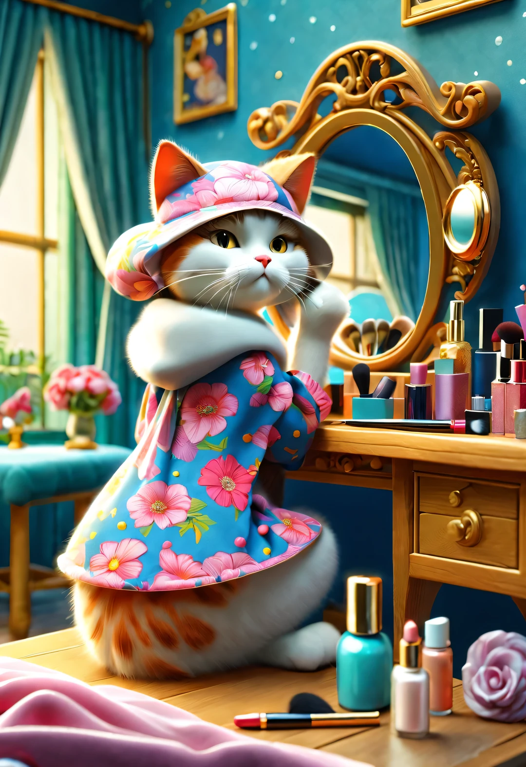 With folk art style,
(一支可爱的小Cat doing makeup while sitting at the dressing table),Cat doing makeup while sitting at the dressing table。put on nightcap,Wearing hip-hop style pajamas,Wearing an exaggerated nightcap,detailed details,beautiful details,lipstick,Makeup Pen,perfume,flowers,Magazine,
background:Bedroom 3D rendering, cartoon,illustration,Pixar,cartoon,ultra high definition, high quality,32k,
