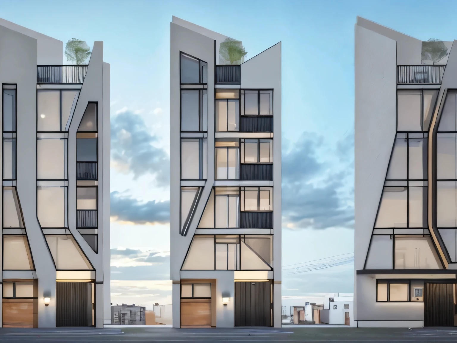 a drawing of a tall building with a lot of windows, elevation view, street elevation, front elevation view, modern lush condo as shopfront, front and side elevation, residential, housing architecture, overall architectural design, mid-view, residential design, full building, 3 doors, , ten flats, weather morning, sky, cloud, a road in front of building, hight quality