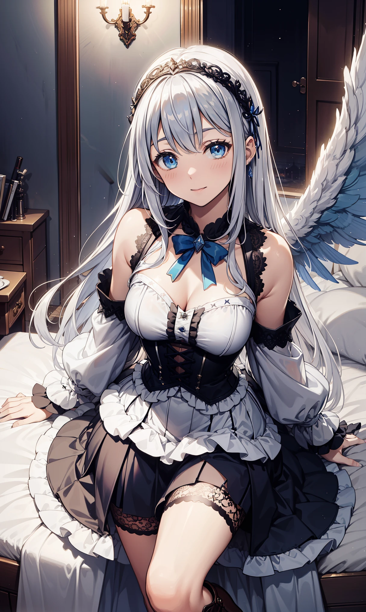 saints,Attractions,having fun,in love,(Modern shirt+short skirt),silver hair,blue eyes,see through transparent clothes,Delicate hair accessories,Transparent lace,Sky blue pattern,night,Beautifully dressed,bedroom,the only person,night,Carved suspender boots,super ultra detail