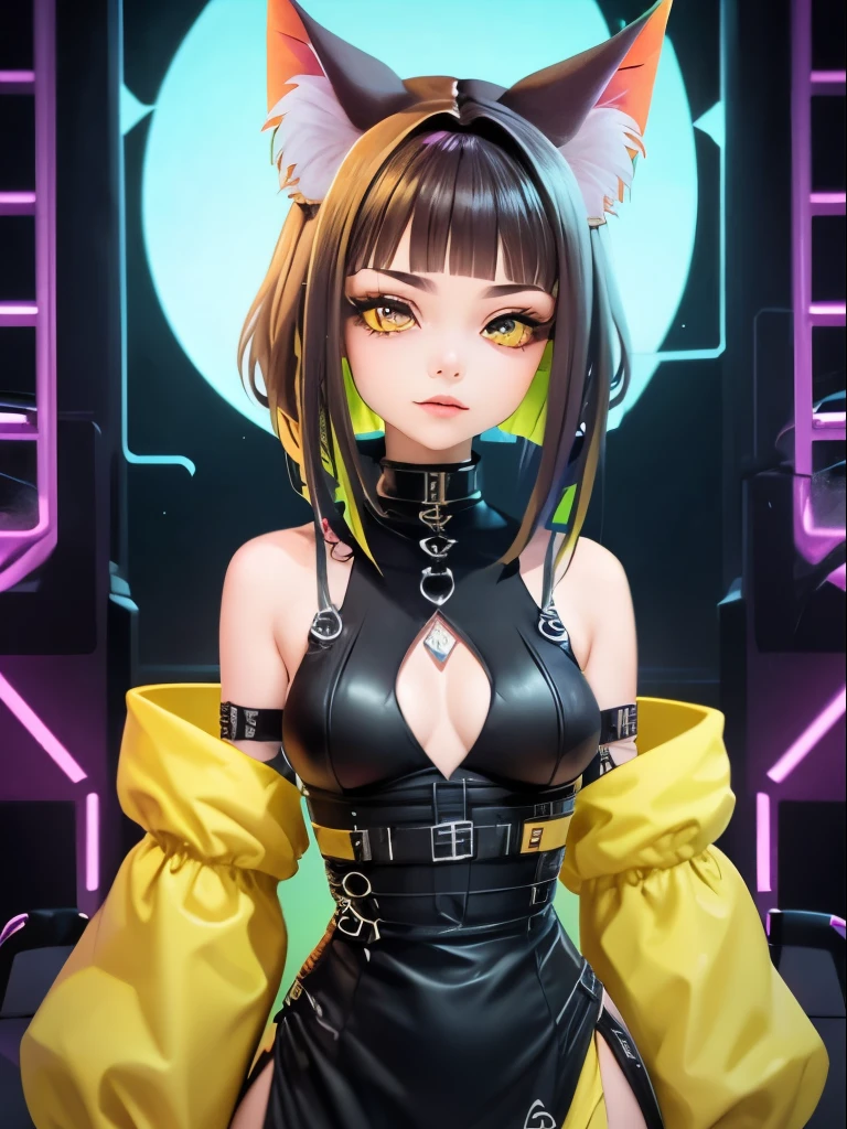 Menina com cabelo curto, fringe, ((cabelo marrom escuro)), highlights in green, (((yellow eye))), pupila de gato, orelha de raposa, roupa preta, estilo 3d, anime cyberpunk, punk neon escuro, cor estilo cyberpunk, vtuber, cyber chinese clothes, (((dress cyberpunk))), white dress