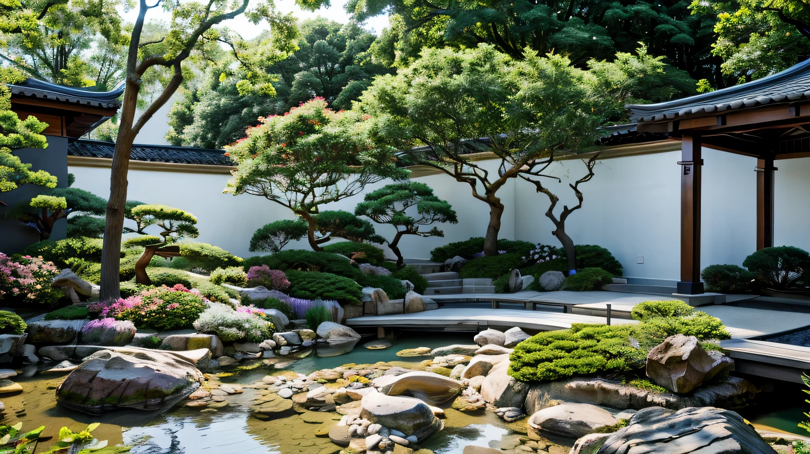 Exterior, Japanese garden style, grasss, water, combining plants,Combine shrubs,flower, RAW photo, (high detailed skin:1.2),sunlight, 8k UHD, DSLR, soft lighting, high quality, film grain, Fujifilm XT3,realistic,masterpiece, impression