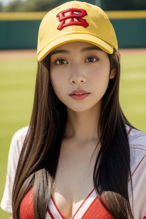 One girl、top-quality、masterpiece、超A high resolution、(Photorealsitic:1.4)、There is a woman wearing a baseball cap、wearing a red and light yellow P shirt、baseball field