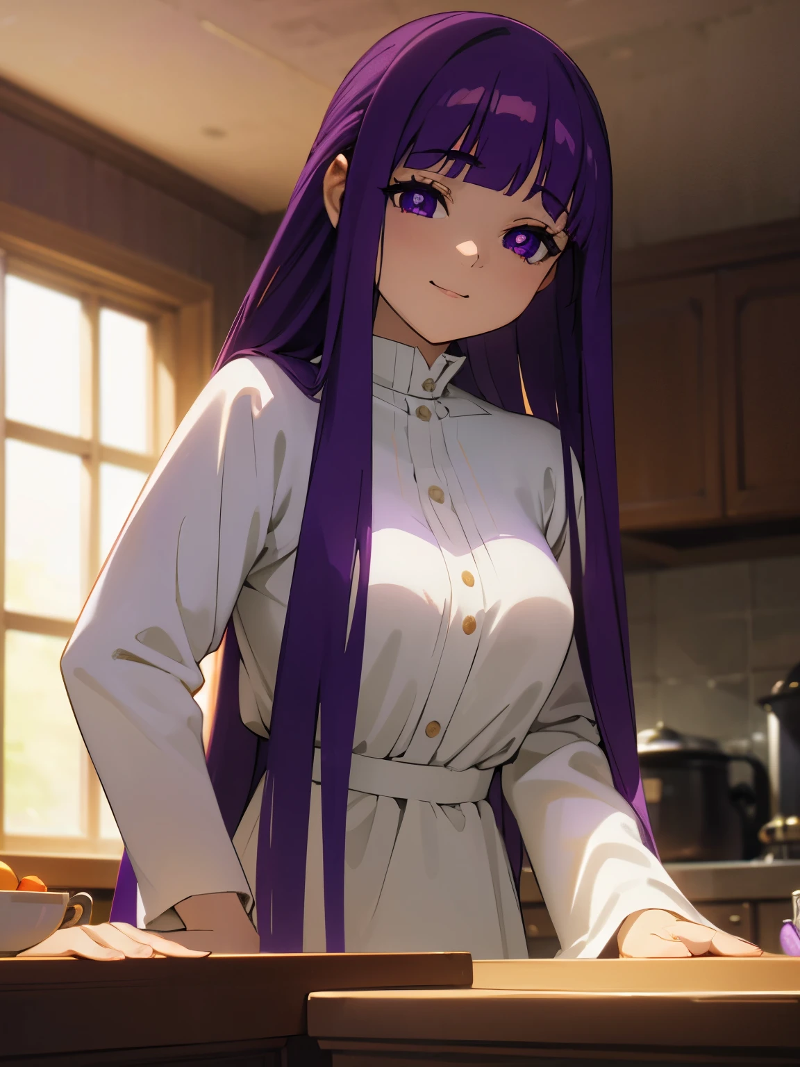 1girl, fern from frieren, long purple hair, purple eyes, wearing white, indoor background, kitchen background, sunlight comes from window, vibrance, daily activites pose, highres, ultrahd, 4k, masterpiece, cheerful atmosphere, seducing, seduce, seducing face,