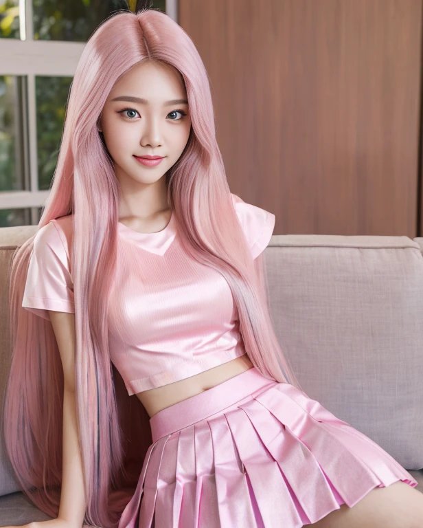 ((masterpiece, high quality, best quality)),Beautiful Thai girl college student sitting on sofa,dressed,beautiful hair and eyes and face, realistic, ultra detailed, beautiful girl, slender,smile,scenery, long straight hair, sexy facial expression, dynamic hair, long straight hair, detailed platinum pink hair, glow blue eyes, (pink pleated shirts + pink skirt),