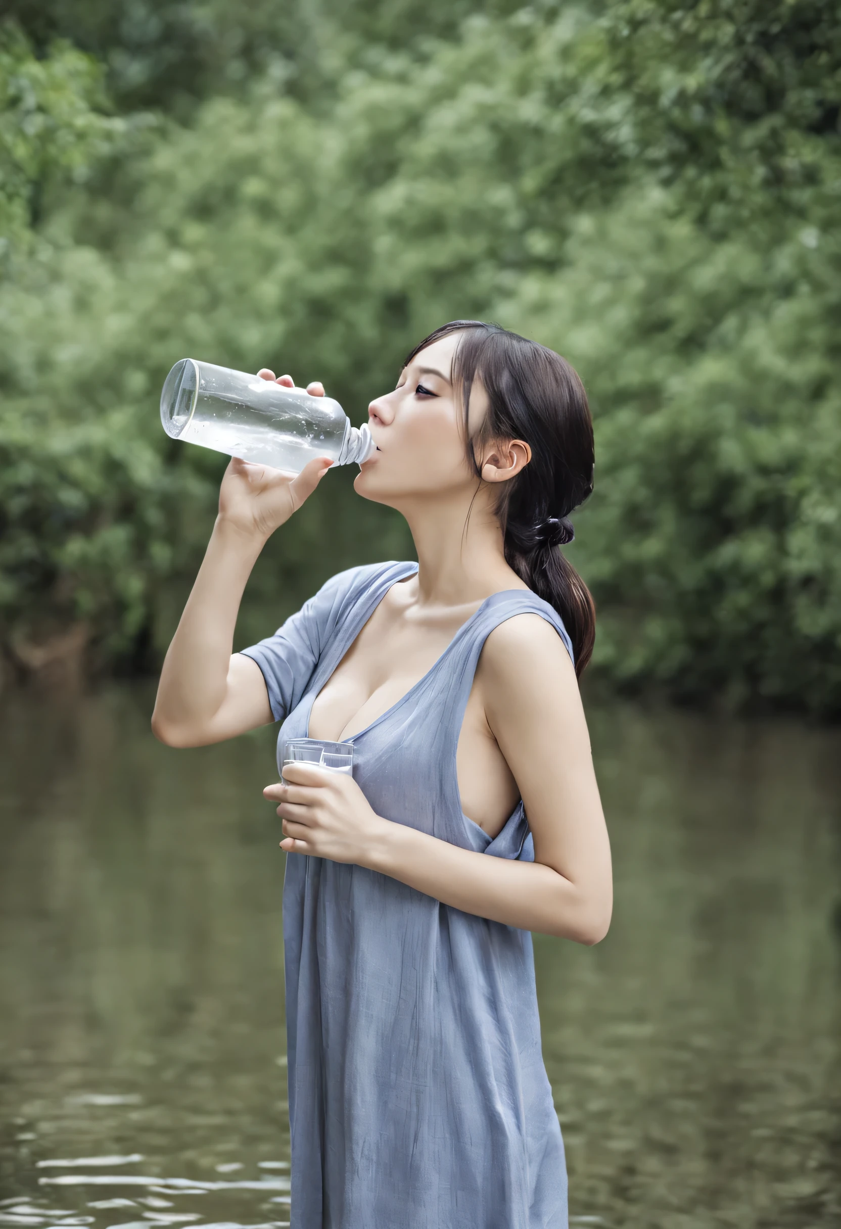 a girl,,while drinking water,The water got the clothes wet