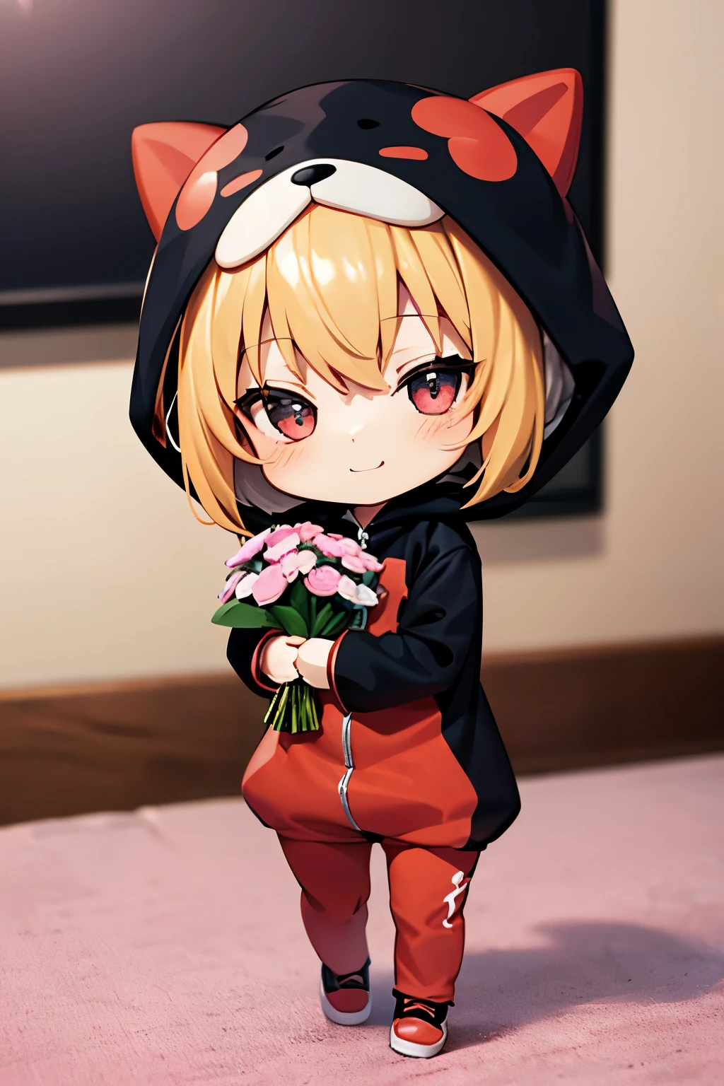 (Chibi:1.3), happy, (holding a bouquet), full body, (Kigurumi), indoors, on the table, (Nendoroid:1.1),