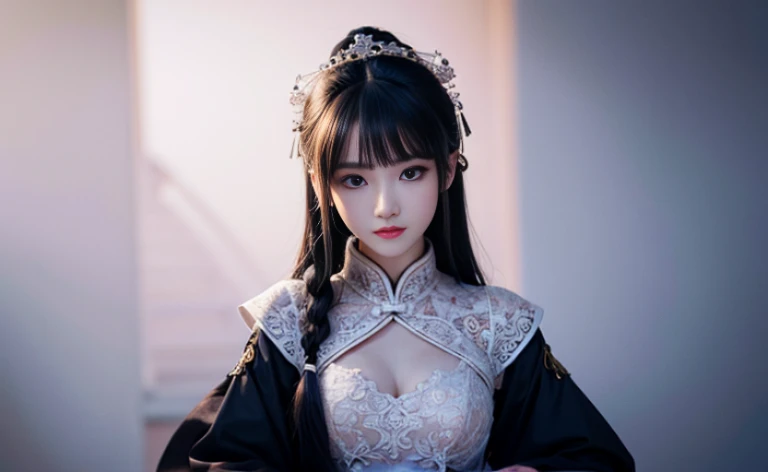 best quality, 8k, Traditional beauty，Classical girl，Chinese skirt，Elegant dress，white lace dress, , Highly detailed facial and skin textures, delicate eyes, Just one person，Chinese girl，The costumes are detailed and complete，Super detailed black braids，Cinema lighting，smile for camera， (Alice and fashion:1.1)，Background of ancient architecture，slim body，Soft light and shadow，The proportions of the characters are reasonable，Normal human eyes，Eyes are delicately drawn，Delicate facial details，Detailed sculpting of upper body，Attention to detail，The texture is delicate，vivid emotional description，meticulous detail。