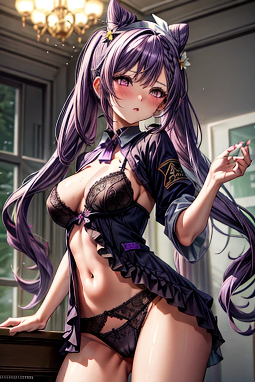 1girl, to-quality, long_hair, purple_hair, purple_eyes, hair_bun, cone_hair_bun, twintails, bangs, double_bun, breasts, hair_ornament, blush, braid, medium_breasts, crotch rub, table humping, from below, nurse unifrom, stripped panties, table, wet panties, lace panties,, masterpiece, best quality, highly detailed