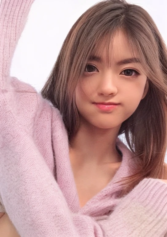 (highest quality,High resolution:1.2),super detailed,realistic:1.37,portrait,Asian girl wearing pink sweater and gray panties, young and thin、Gravure idol with realistic appearance, detailed eyes and lips, shiny straight hair, cute smile, attractive pose, soft natural light, Bright colors