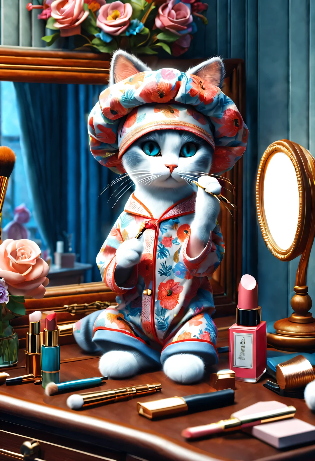 With folk art style,
 （一支可爱的小Cat doing makeup while sitting at the dressing table），Cat doing makeup while sitting at the dressing table。put on nightcap，Wearing hip-hop style pajamas，Wearing an exaggerated nightcap，detailed details，beautiful details，lipstick，Makeup Pen，perfume，flowers，Magazine，
background：Bedroom 3D rendering， cartoon，illustration，Pixar，cartoon，ultra high definition， high quality，32k，