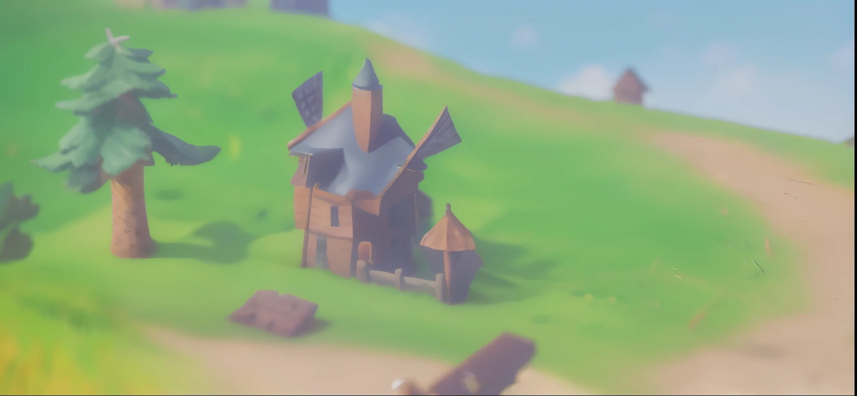 pines,Windmill on grass and houses, high quality, 4K, super actual, actual, Super details