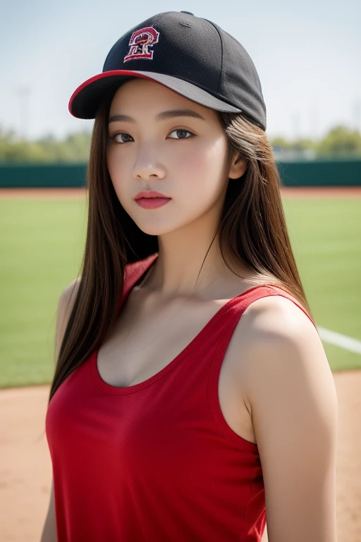 One girl、top-quality、​masterpiece、超A high resolution、(Photorealsitic:1.4)、There is a woman wearing a baseball cap、wearing a red and light black (peelofflower) shirt、baseball field