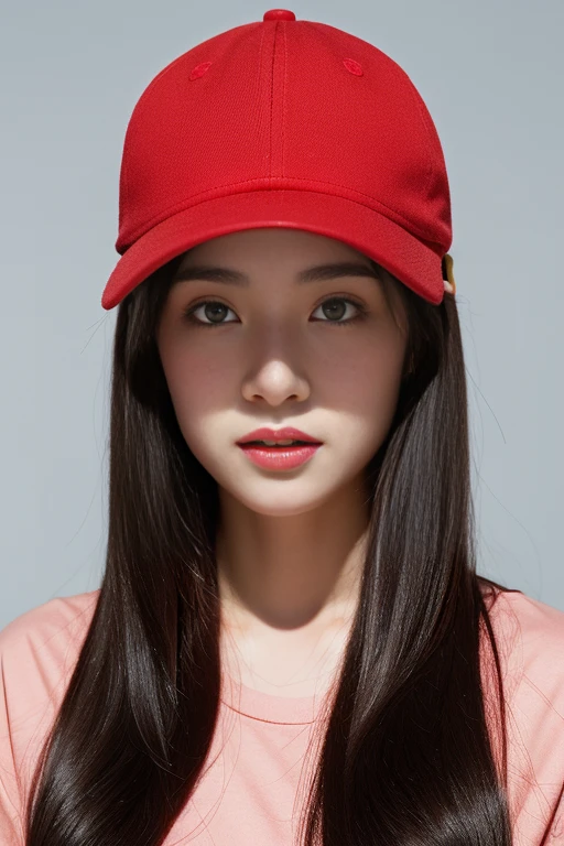 One girl、top-quality、​masterpiece、超A high resolution、(Photorealsitic:1.4)、There is a woman wearing a baseball cap、wearing a red and light black (peelofflower) shirt、baseball field