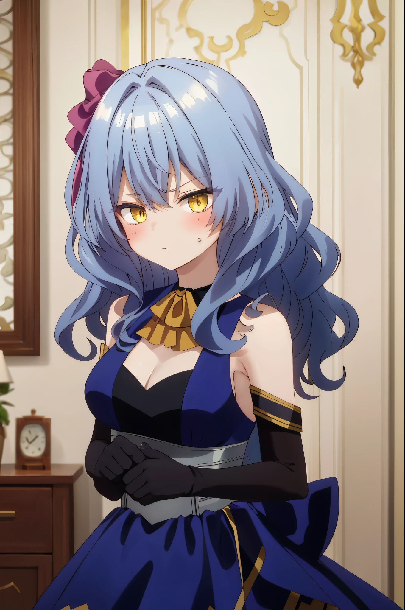 One girl with wavy hair, bangs, yellow eyes, looking at viewer, blushing, embarrassed, serious expression, indoor, living room, blue dress, sleeveless, black gloves, bowtie, mid-chest, day atmosphere, hair ornament, medium breasts,  focus, blurry background, mature female, upper body