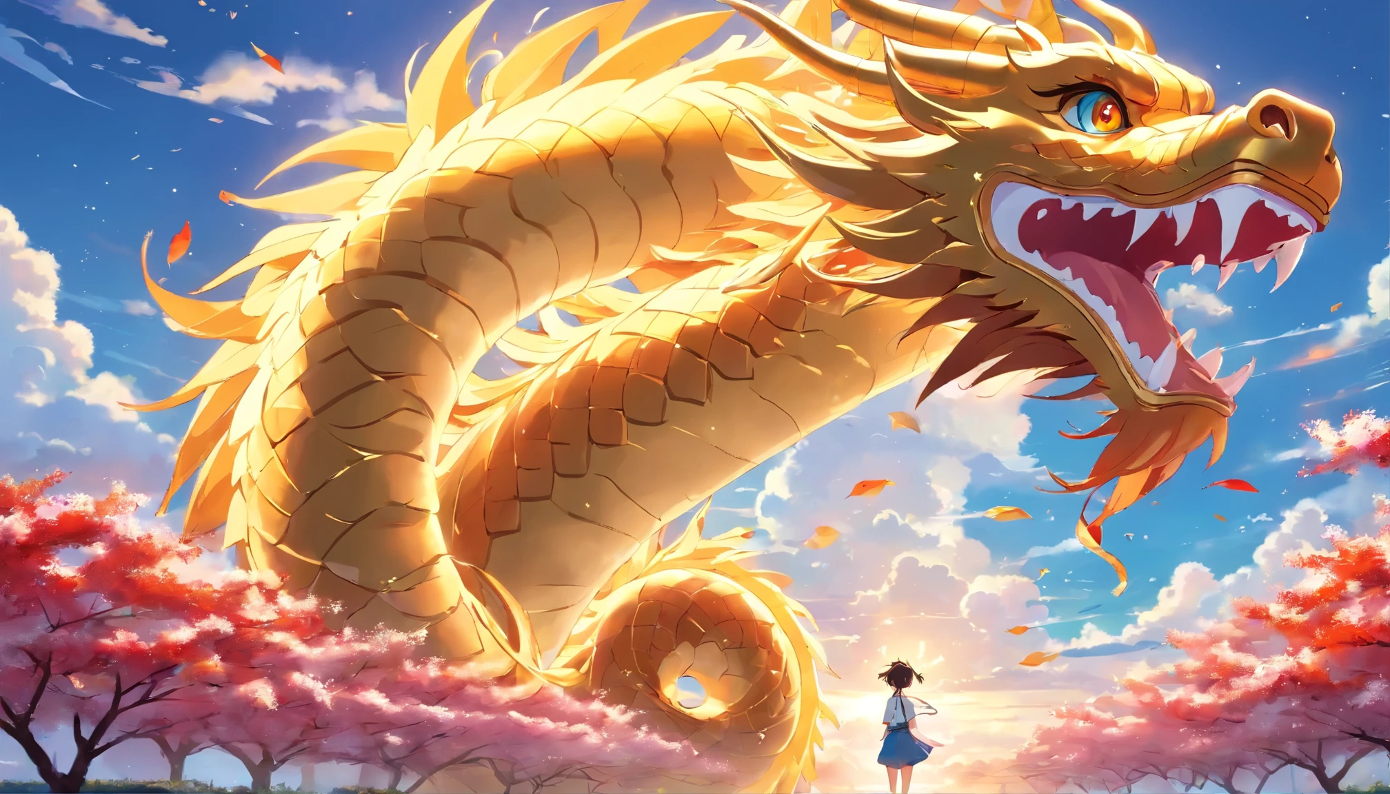 Cute golden Chinese dragon in the sky, cloud, sun, wind, lunar New Year, spring flowers, Red Lantern, Creative background, best quality, Full HD, Happy Dragon, 2023, 。.3D, (paper art, Quilted paper art, geometry), extremely colorful, Anime beauty, extremely colorful, Colorful illustrations, watercolor((masterpiece))), illustration