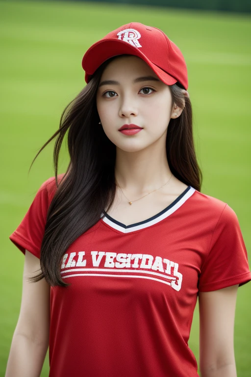 One girl、top-quality、​masterpiece、超A high resolution、(Photorealsitic:1.4)、There is a woman wearing a baseball cap、wearing a red and light black (Folwer).  shirt、baseball field