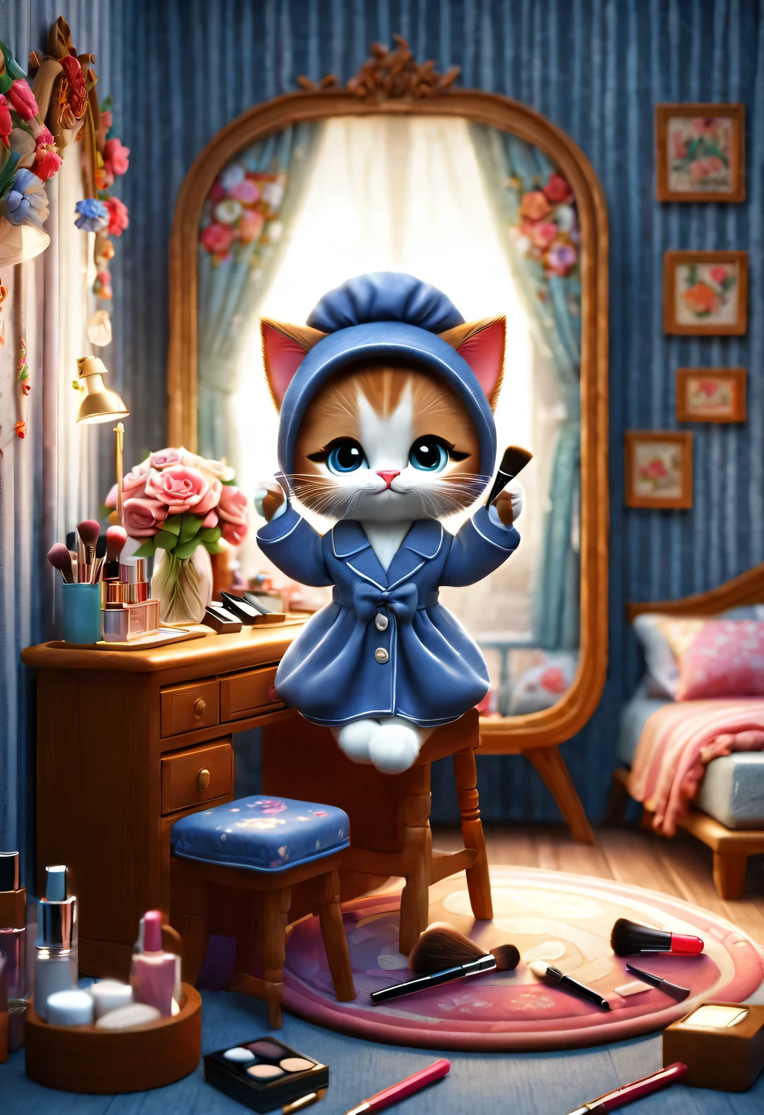 With folk art style,
 （A cute kitten sitting in front of the dressing table doing makeup），Cat sitting and doing makeup，put on nightcap，wearing pajamas，Wearing an exaggerated nightcap，detailed details，beautiful details，lipstick，Makeup Pen，perfume，flowers，Magazine，
background：Bedroom 3D rendering， cartoon，illustration，Pixar，cartoon，ultra high definition， high quality，32k，