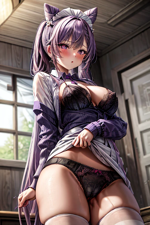 1girl, to-quality, long_hair, purple_hair, purple_eyes, hair_bun, cone_hair_bun, twintails, bangs, double_bun, breasts, hair_ornament, blush, braid, medium_breasts, crotch rub, table humping, from below, nurse unifrom, stripped panties, table, wet panties, lace panties,, masterpiece, best quality, highly detailed