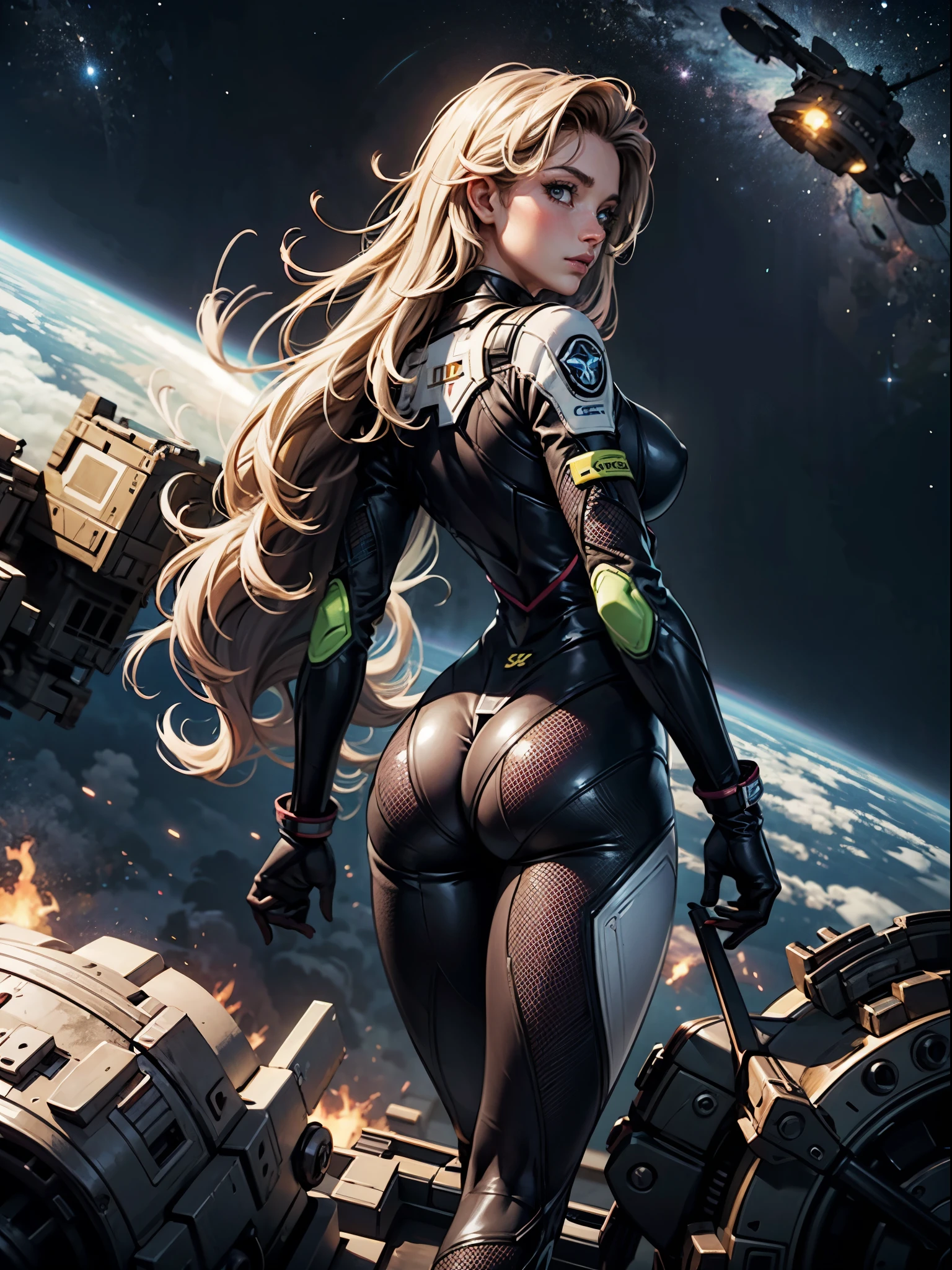 rear view, backside view, turning away, sandy hair, eyes are blue, fit body large breasts slender thighs slender waist pilot suit solo looking away from viewer, in space, long hair, blushing, determination, 8k, extreme detail,