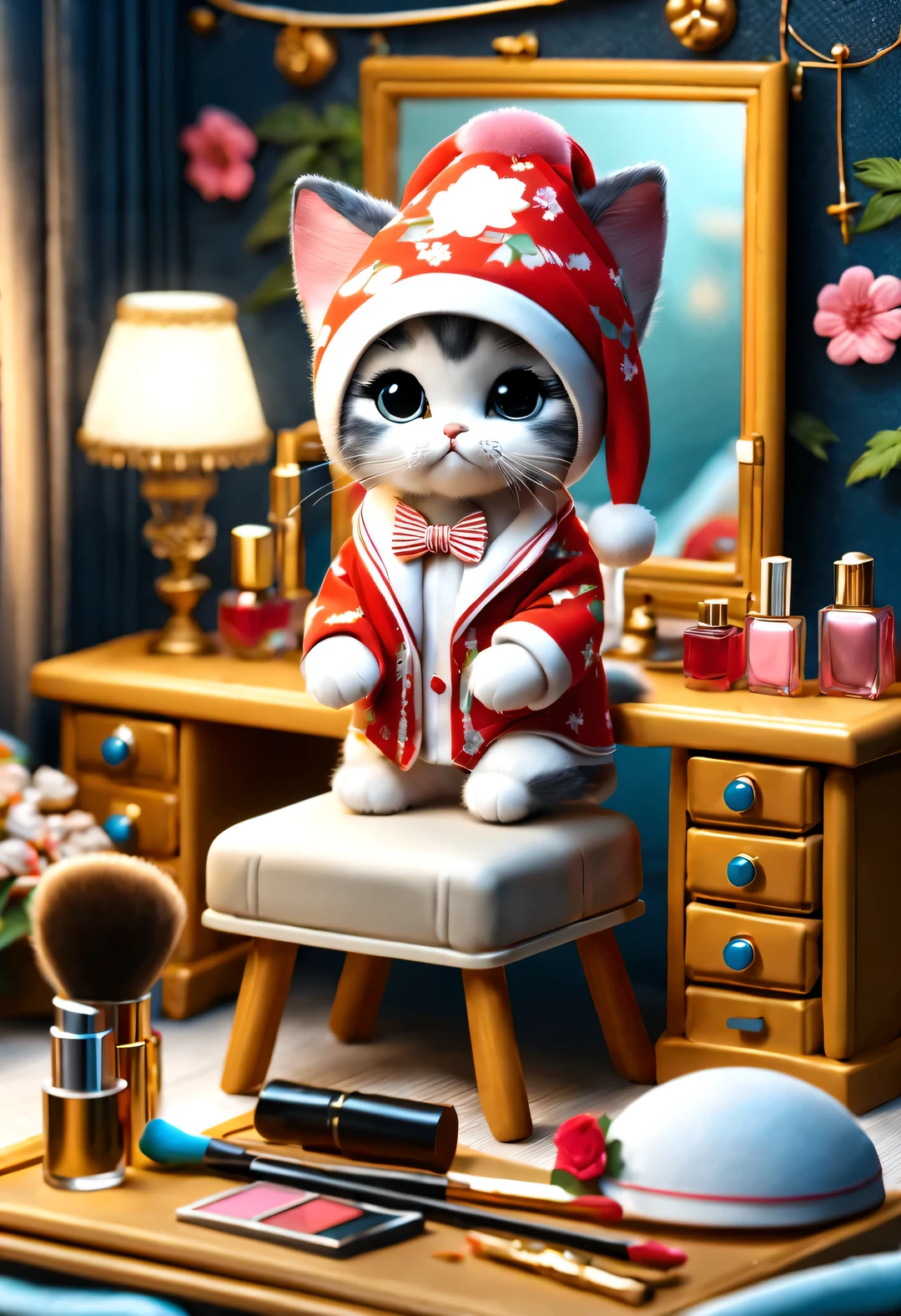 With folk art style,
 （一支可爱的小猫咪正坐在梳妆台涂lipstick），Kitten putting on makeup while sitting at the dressing table，put on nightcap，Wearing hip-hop style pajamas，Wearing an exaggerated nightcap，detailed details，beautiful details，lipstick，Makeup Pen，perfume，flowers，Magazine，
background：Bedroom 3D rendering， cartoon，illustration，Pixar，cartoon，ultra high definition， high quality，32k，
