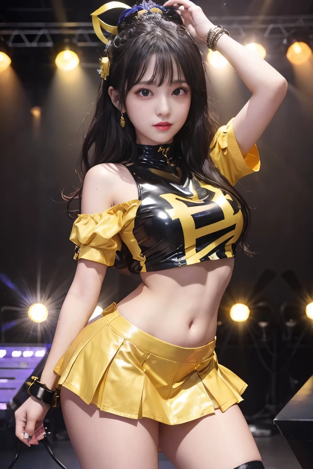 cyber queen idol、good style、、Shiny yellow tight mini skirt、、idol face、whole body、、、、、