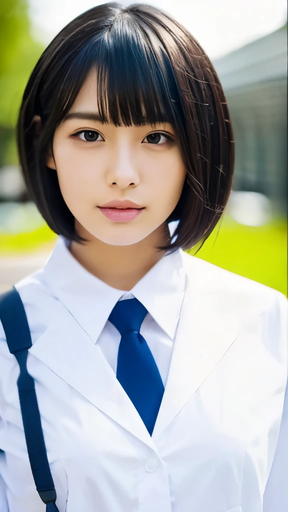 Top quality, beautiful Japanese woman, student, short bob hair, black hair, uniform, white shirt, tie, bust up, neat,